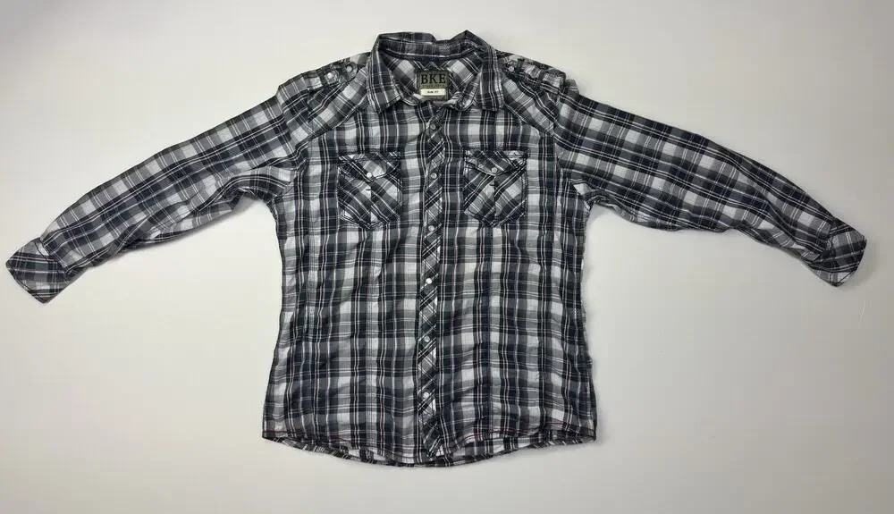Used BKE Men's Slim Fit Western Pearl Snap Shirt Plaid Large Cotton
